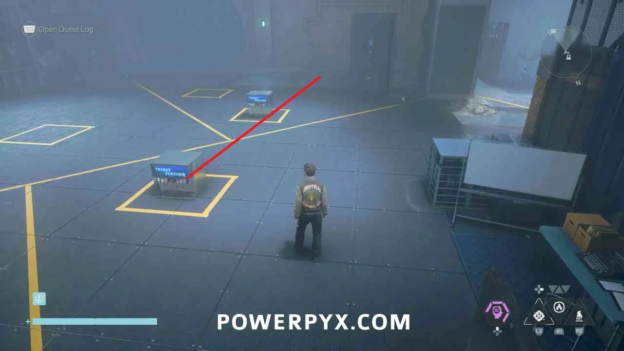 Objects and yellow boundary lines form the puzzle inside the Downtown testing facility. An official view of a Bureau interior with red floors, desks and a lower work area.