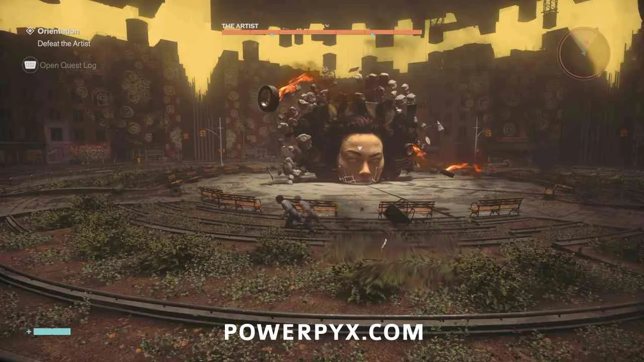 The Artist faces Dylan in the circular arena, with its name and health bar visible.