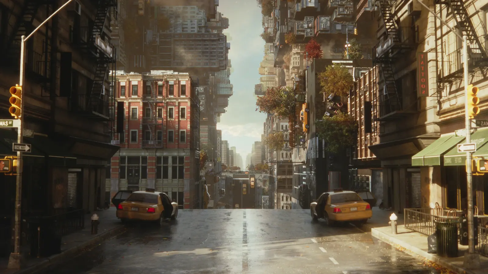 A Manhattan street bends between displaced rows of buildings.