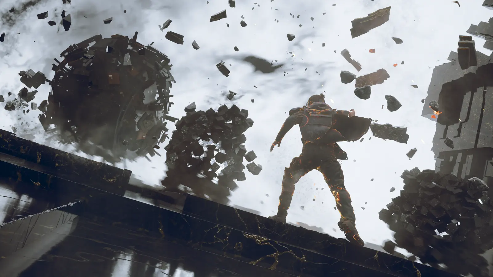 Dylan confronts floating masses of debris against a bright sky.