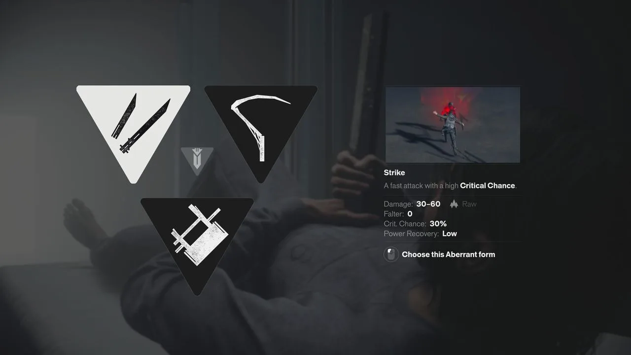 The initial Aberrant form selection shows Strike, Glaive and Cleave, with Strike’s attack characteristics.