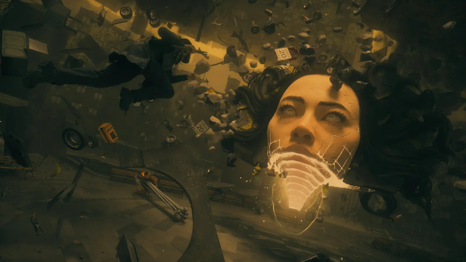 A face appears amid a gold-lit mass of suspended fragments.
