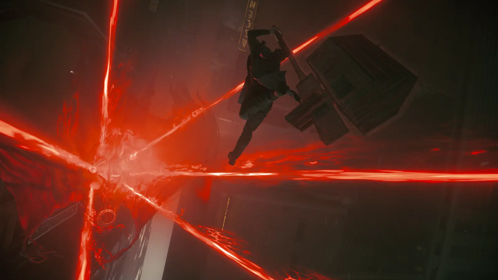 Dylan moves through the air above intersecting red beams.