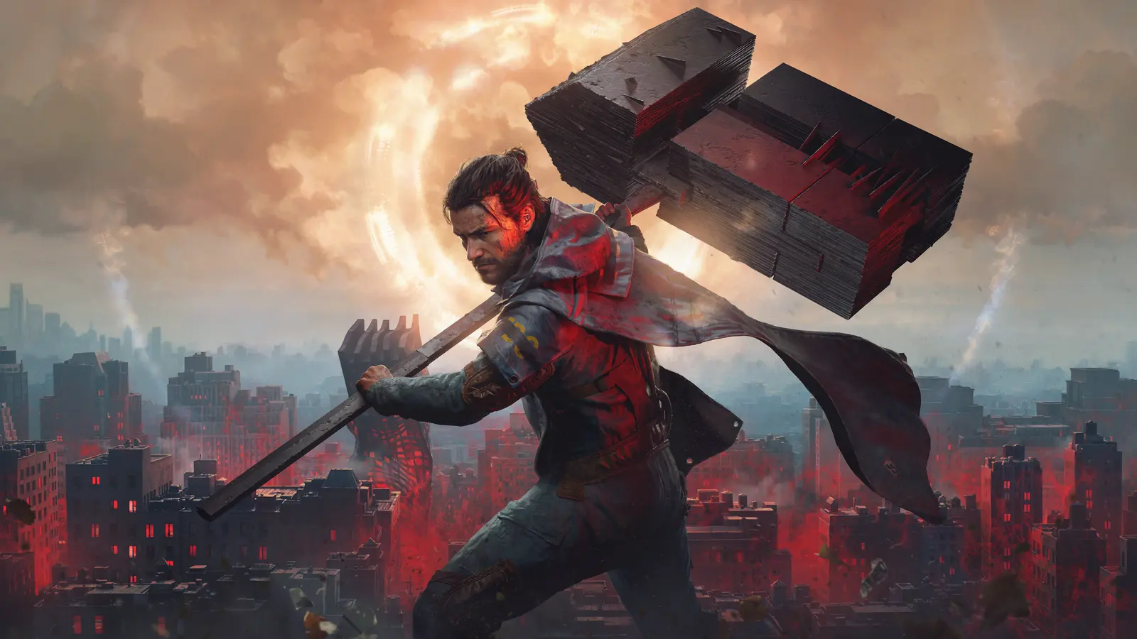 Dylan holds Aberrant above the red-lit Manhattan skyline in official key art.