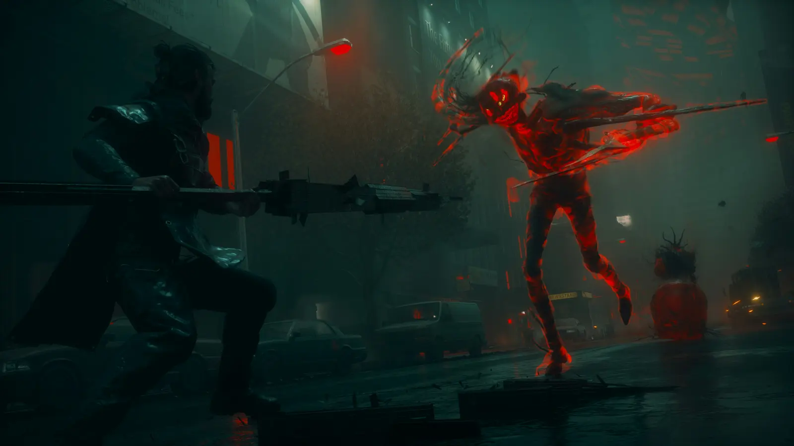 Dylan and a red-glowing enemy face each other in a dark combat arena.