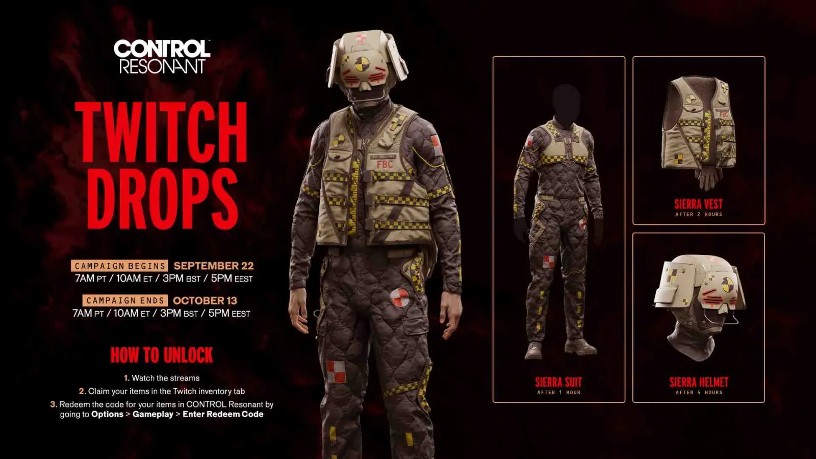 Official Sierra Twitch Drops campaign card showing the suit, vest and helmet rewards.