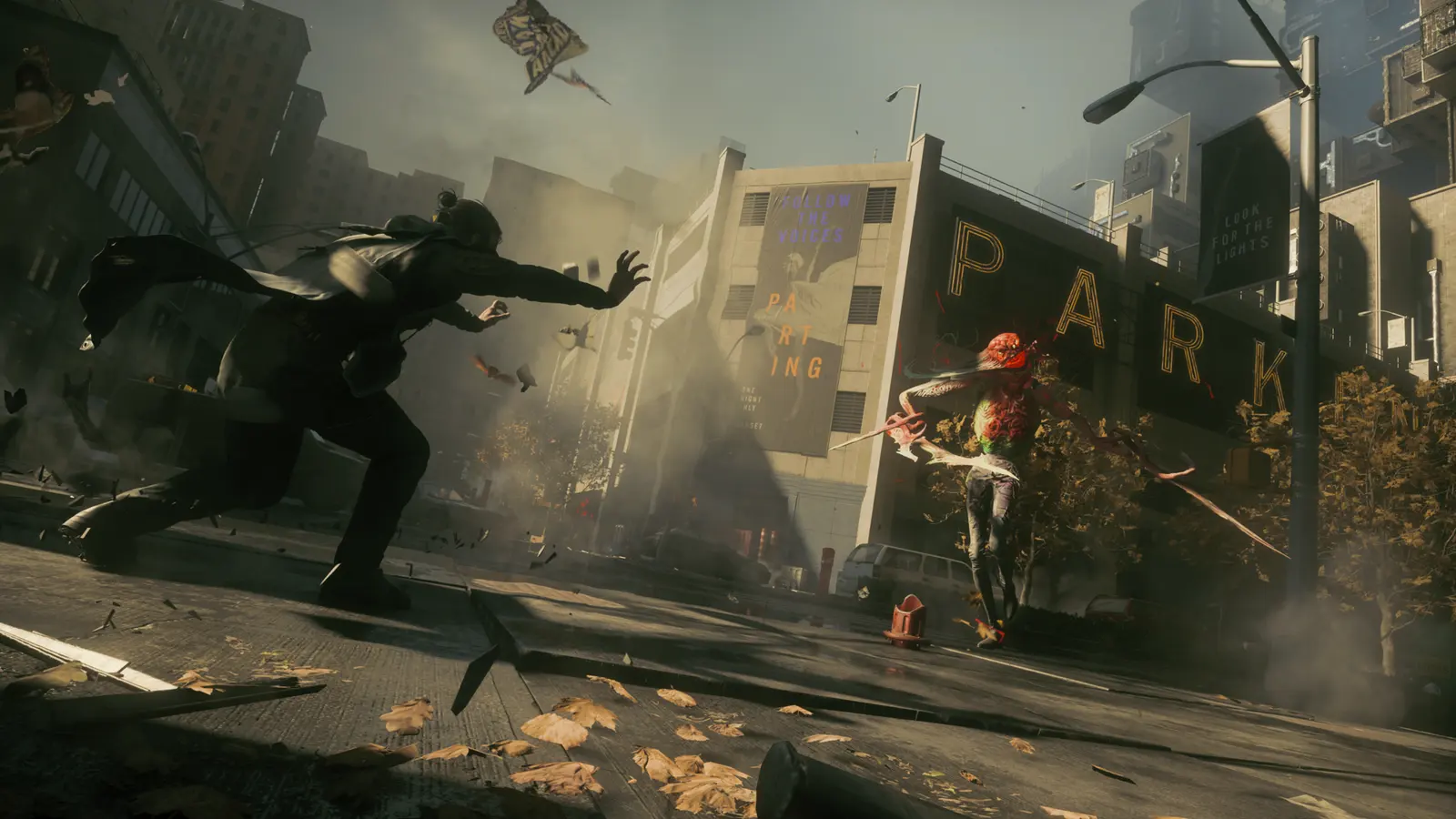 Dylan fights beside a parking sign on a fractured Manhattan street.