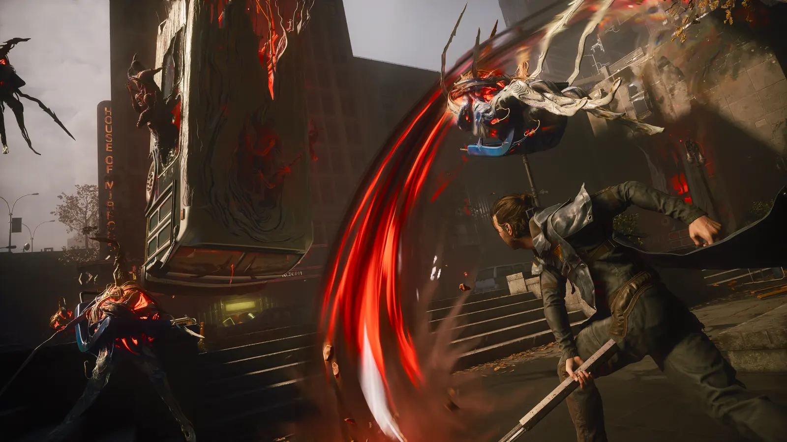 A sweeping red weapon arc cuts across a close-range combat encounter.