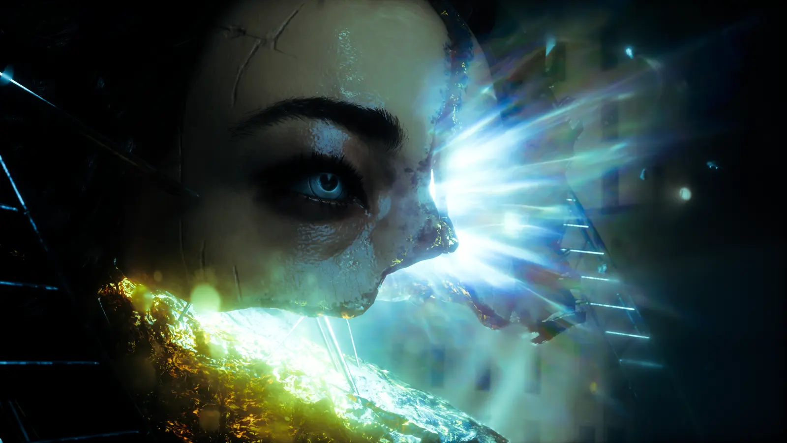 A woman’s face is illuminated by a bright supernatural reflection.