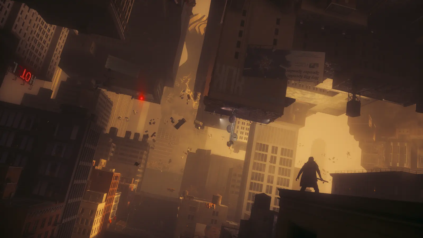 Dylan stands beneath inverted buildings in an amber-lit city.
