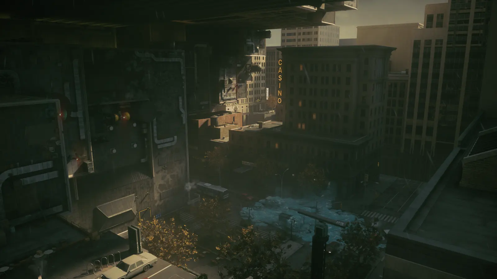 Dylan looks across a city intersection surrounded by warped architecture.